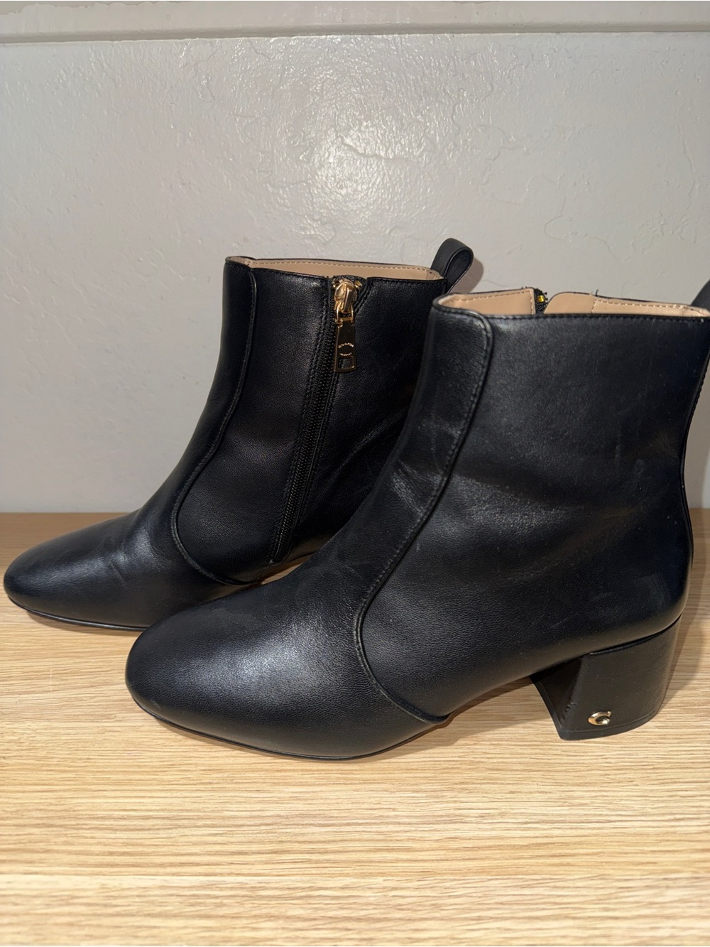 Coach Black Leather Ankle Booties with Gold Zip Detail